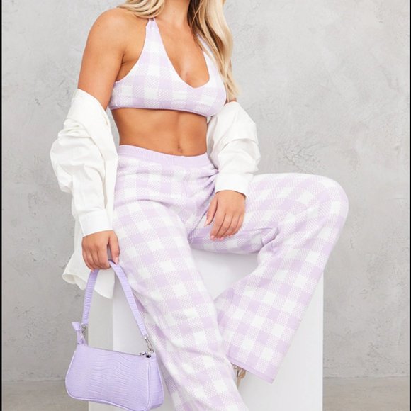 BRAND NEW PrettyLittleThing Lilac Checked Wide Leg Knit Pant - Picture 4 of 7